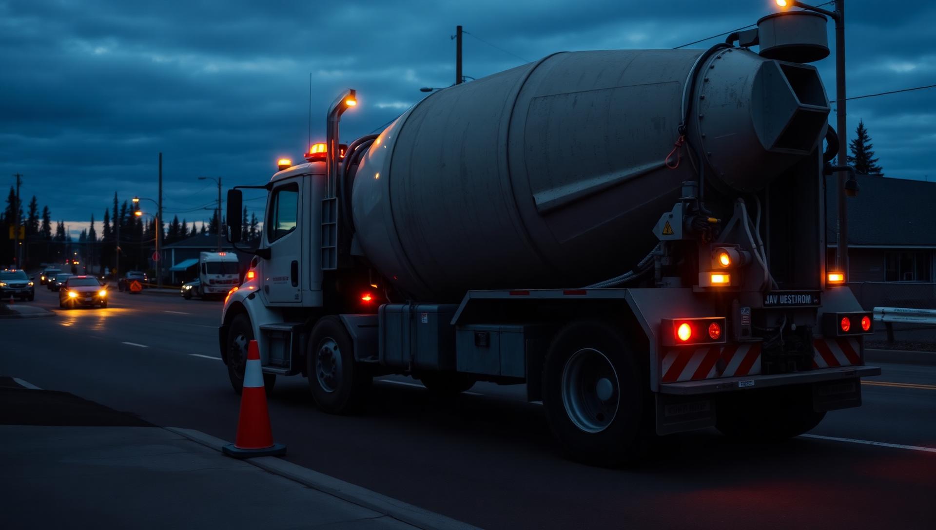 Concrete mixer truck discharging into a curb pour at dusk on a Northern Alberta street